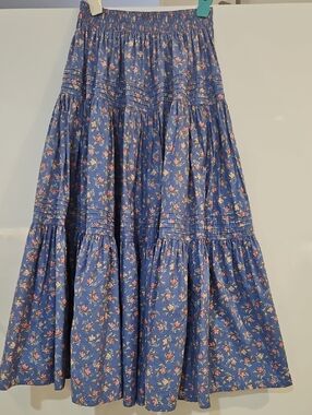 Laura Ashley Blue Floral Tiered Maxi Skirt with Pink Accents